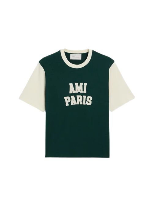 T-shirt in cotone rosso con ricamo Ami Paris Ami Paris | UTS418.JE0272A244 BOTTLE GREEN/IVORY